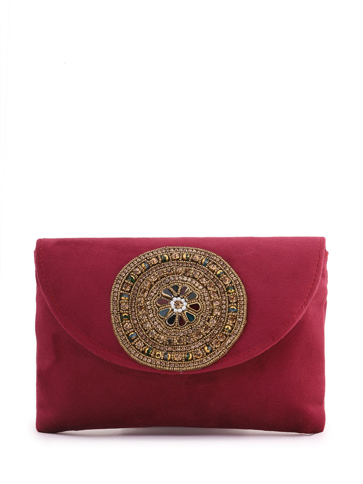 Priyaasi Stylish Burnt Burgundy Floral Multicolor Stoned Clutch Bag