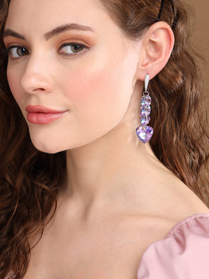 Prita by Priyaasi Purple Heart Studded Long Drop Silver-Plated Earrings