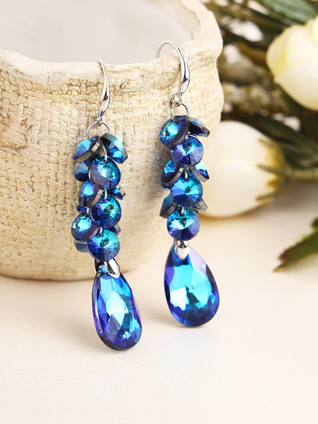 Prita by Priyaasi Blue Berry Studded Silver-Plated Drop Earrings