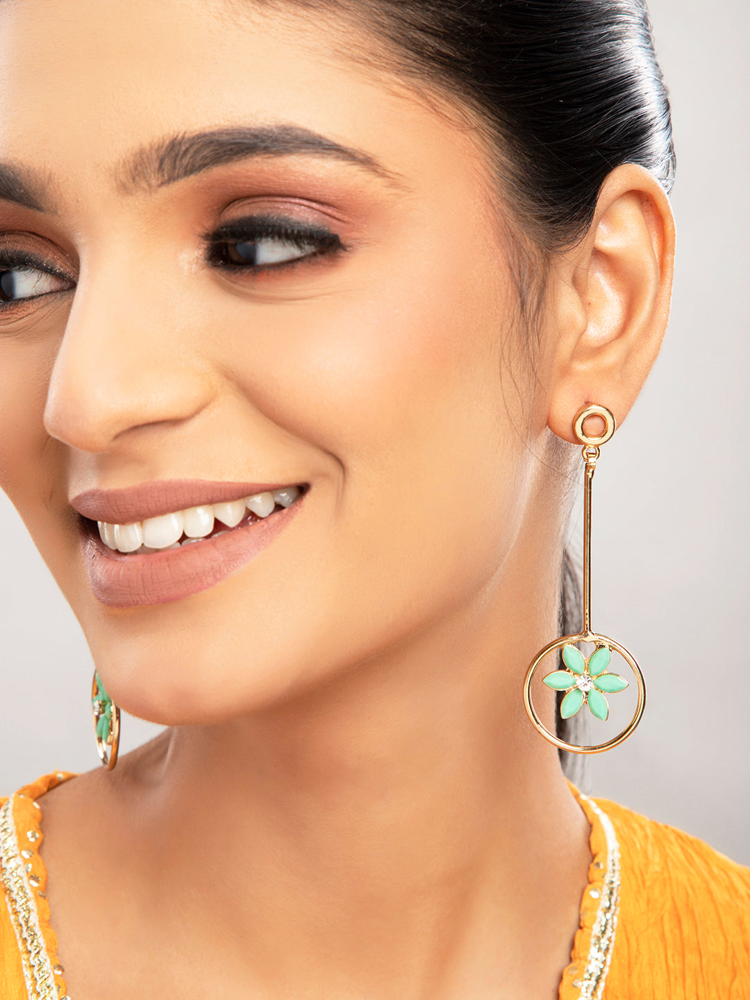 Prita by Priyaasi Green Floral Gold Plated Drop Earrings