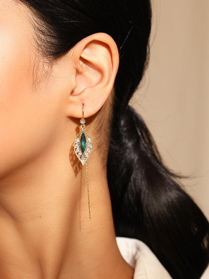 Priyaasi Peacock Green Stone Designary Leaf Shape Gold Plated Earrings