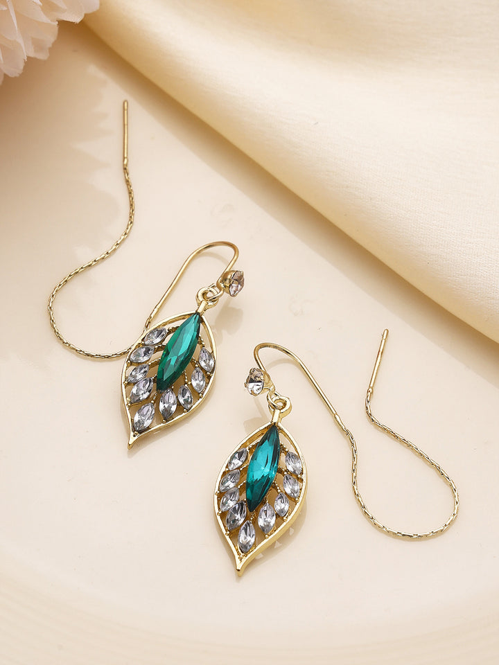 Priyaasi Peacock Green Stone Designary Leaf Shape Gold Plated Earrings