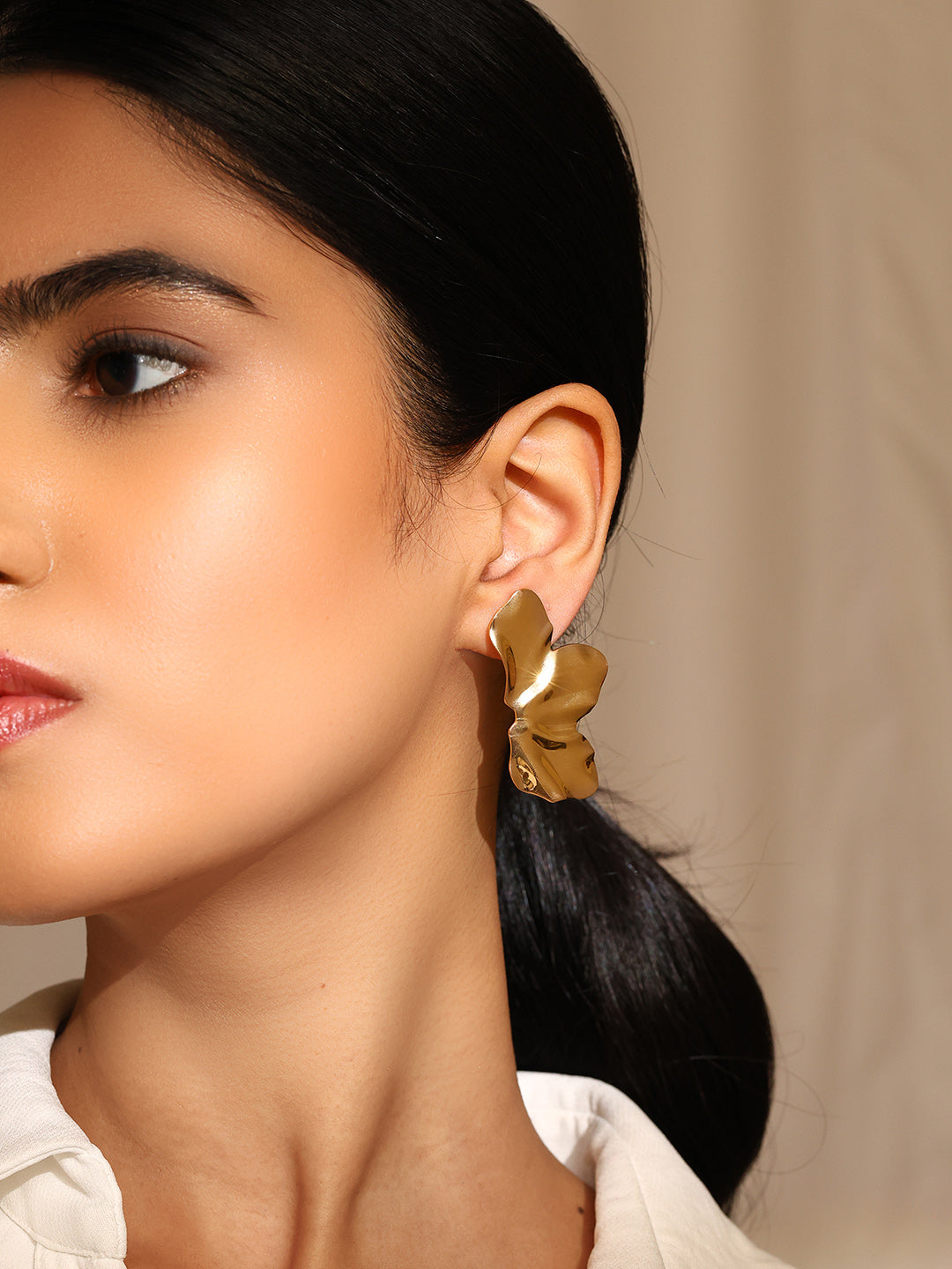 Priyaasi Hammered Style Gold Plated Floral Stud Earrings