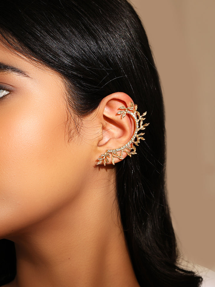 Priyaasi Gold Plated White Stones Leaves shape Ear Cuff Earrings