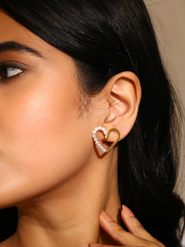 Prita Simple Sequence Heart Shape Pearl Gold Plated Stud Earrrings
