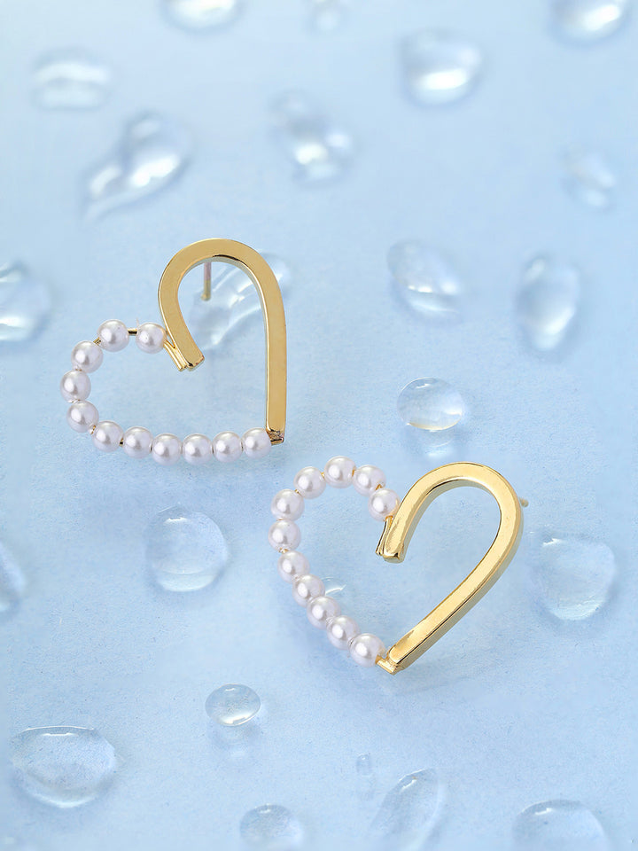 Prita Simple Sequence Heart Shape Pearl Gold Plated Stud Earrrings