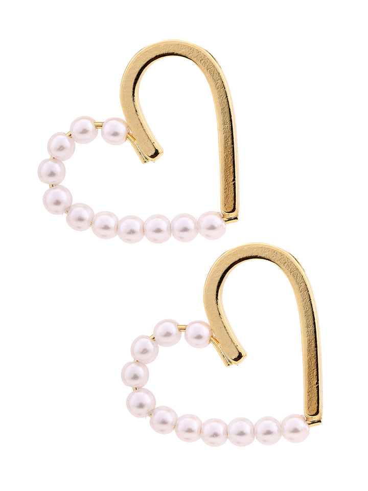 Prita Simple Sequence Heart Shape Pearl Gold Plated Stud Earrrings