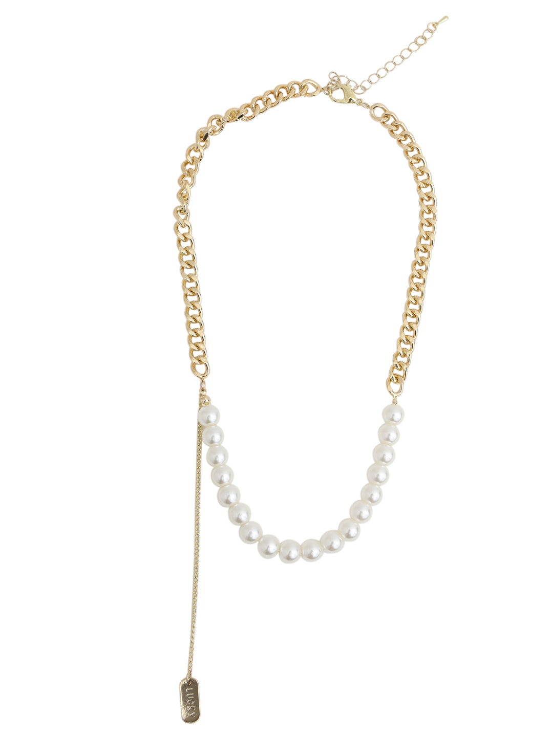 Prita by Priyaasi White Pearl Link Tag Drop Gold-Plated Necklace