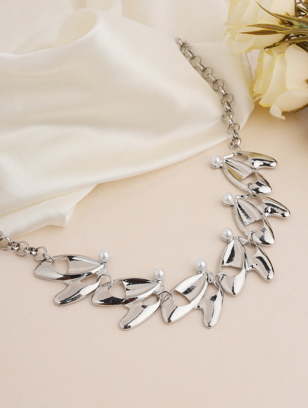 Prita by Priyaasi Pearl Studded Designer Leaf Link Silver-Plated Necklace