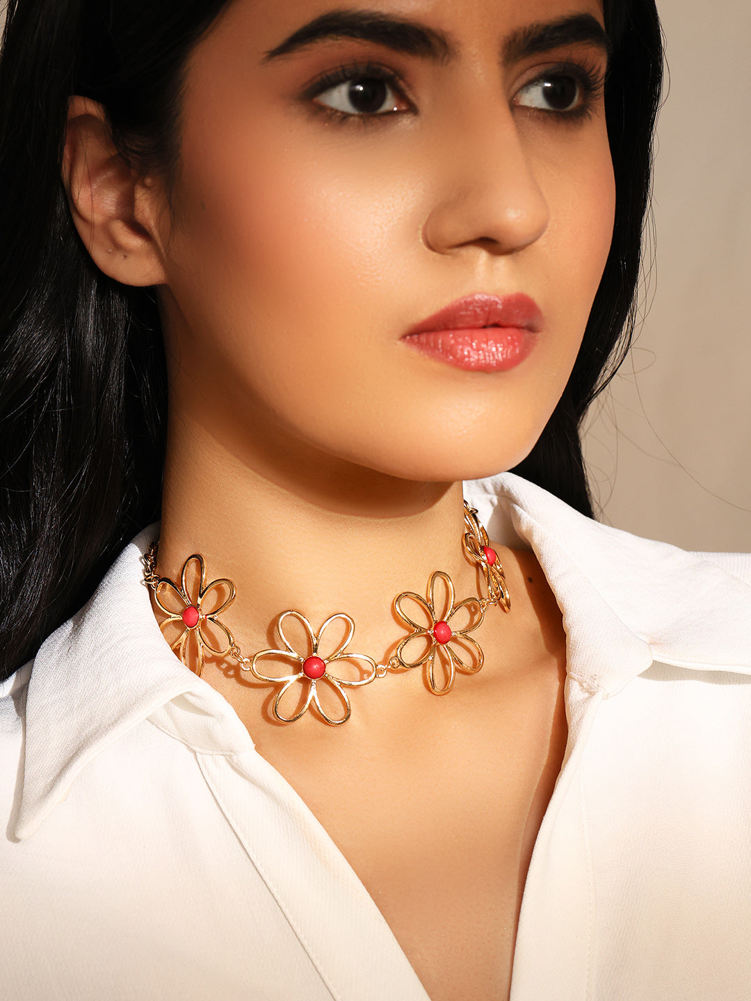 Priyaasi Floral Red Stone Stud Statement Necklace