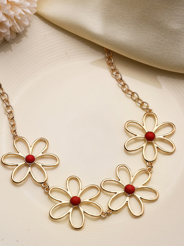 Priyaasi Floral Red Stone Stud Statement Necklace