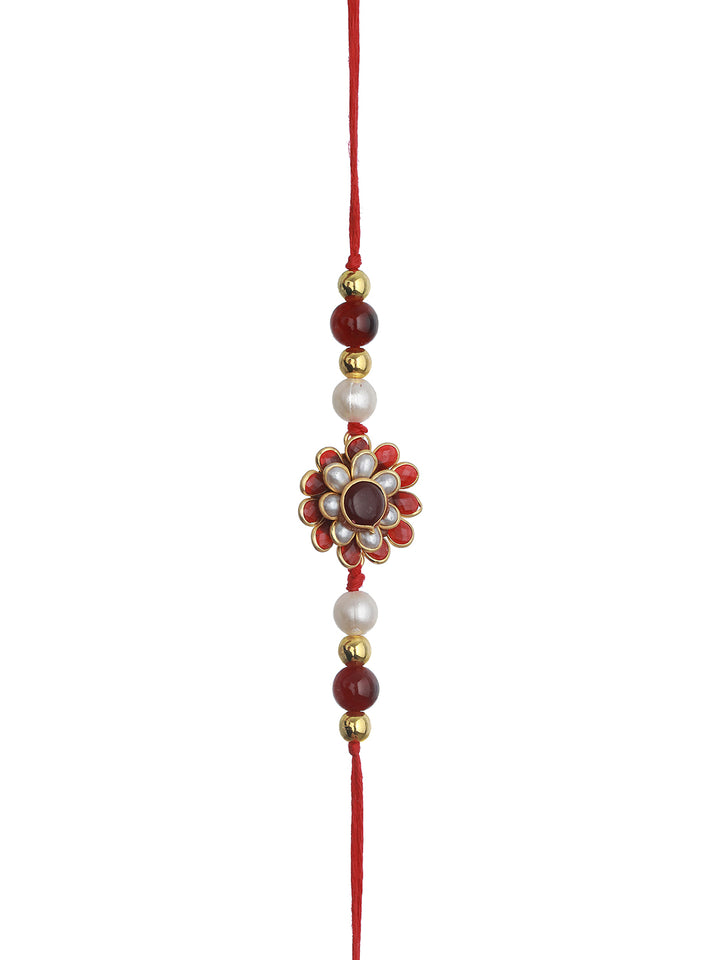 Red White Floral Pearl Rakhi (Set of 2) with Villian Perfume Gift Box (Set of 4)
