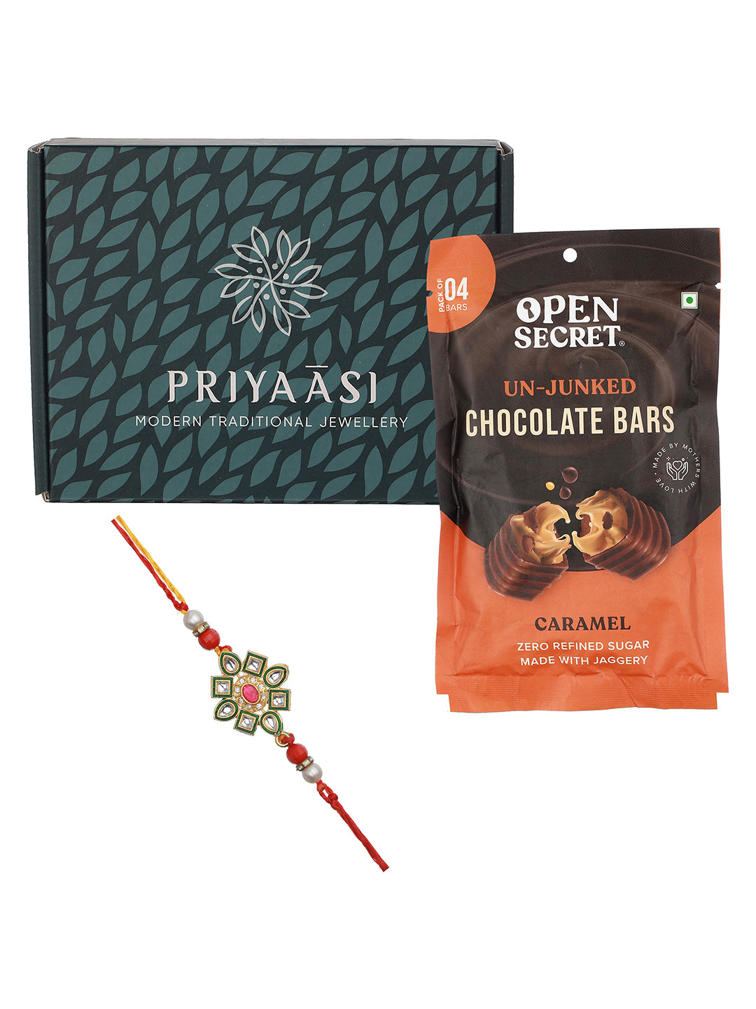 Studded Fancy Floral Rakhi Set with a Pack of Open Secret Chocolate Bars