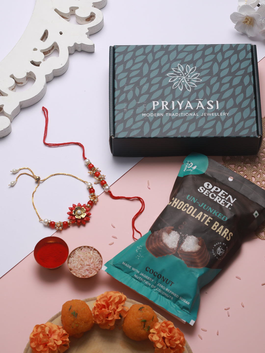 Priyaasi Red Flower Beaded Rakhi Set with a Pack of Open Secret Chocolate Bars