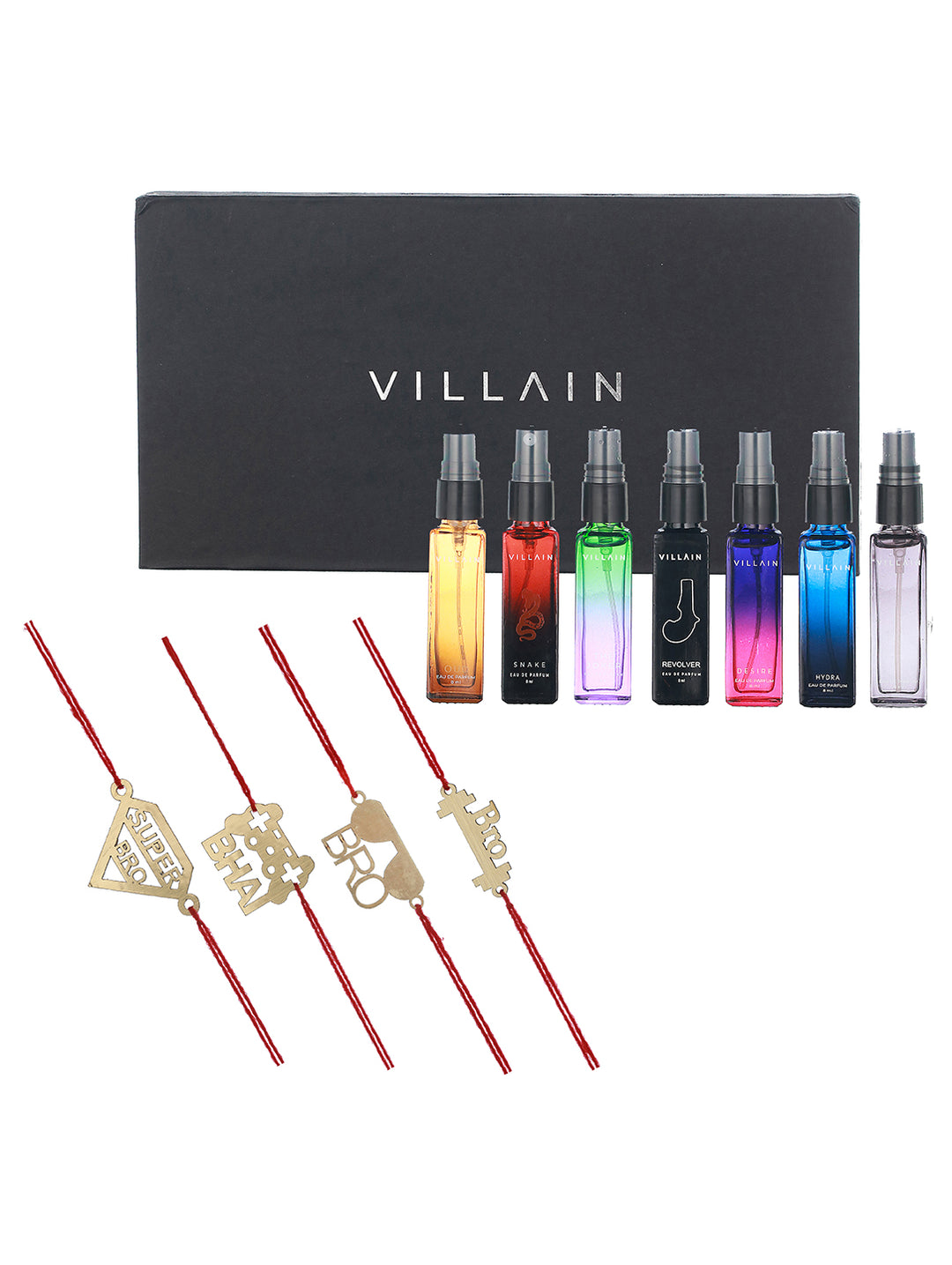 Wooden Thread Rakhi for Brother (Set of 4) with Villian Perfume Gift Box (Set of 7)