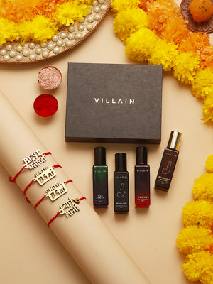 Wooden Thread Rakhi for Family (Set of 4) with Villian Perfume Gift Box (Set of 4)
