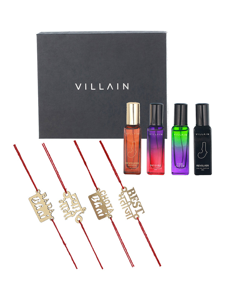 Wooden Thread Rakhi for Family (Set of 4) with Villian Perfume Gift Box (Set of 4)