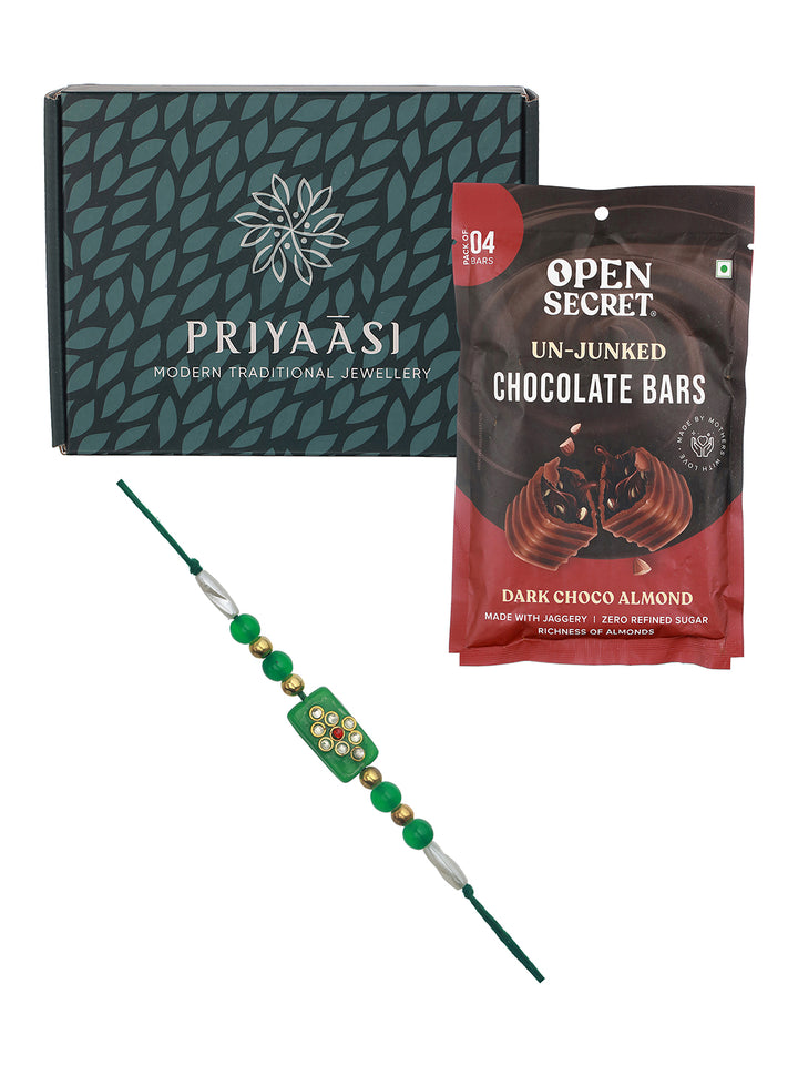 Green Studded Thread Rakhi with a Pack of Open Secret Chocolate Bars