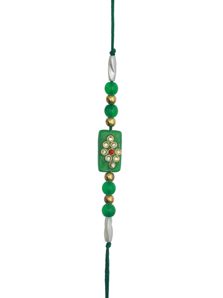 Green Studded Thread Rakhi with a Pack of Open Secret Chocolate Bars