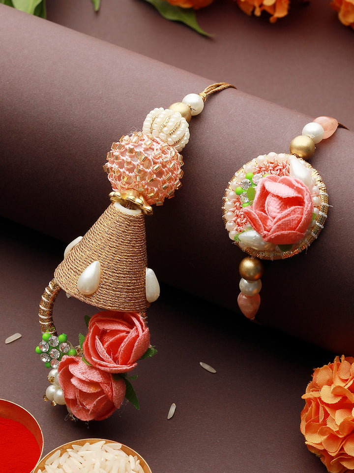 Priyaasi Pink Floral Golden Bell Rakhi & Lumba Set of 2
