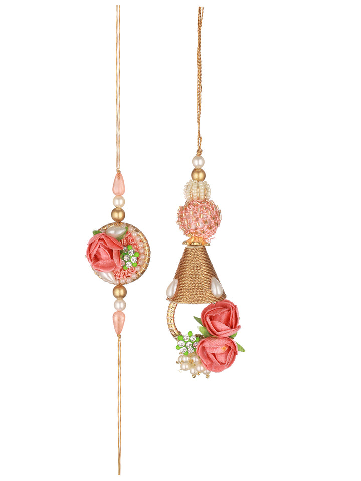 Priyaasi Pink Floral Golden Bell Rakhi & Lumba Set of 2