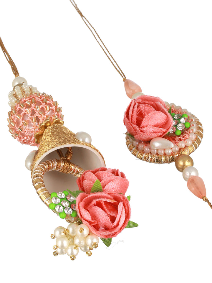 Priyaasi Pink Floral Golden Bell Rakhi & Lumba Set of 2