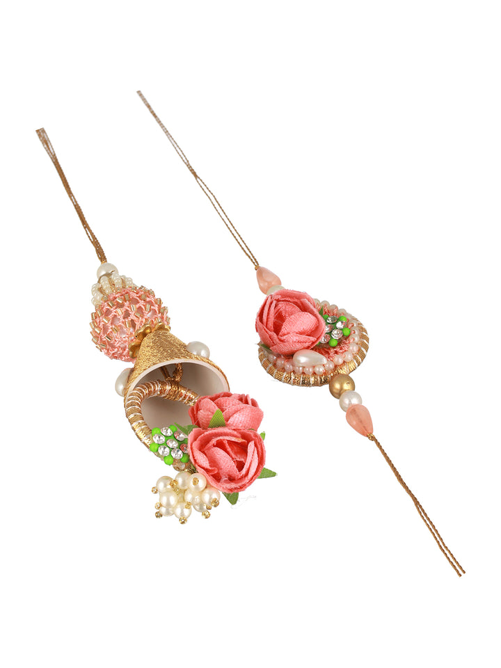 Priyaasi Pink Floral Golden Bell Rakhi & Lumba Set of 2