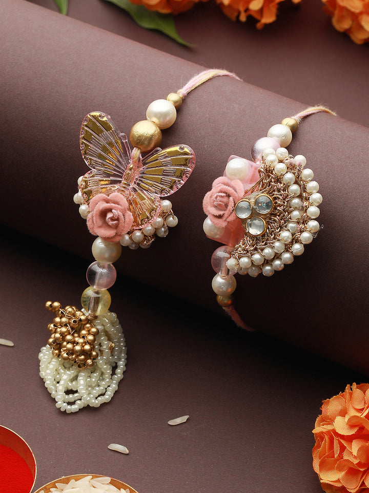 Priyaasi Golden Pink Floral Butterfly Rakhi & Lumba Set of 2