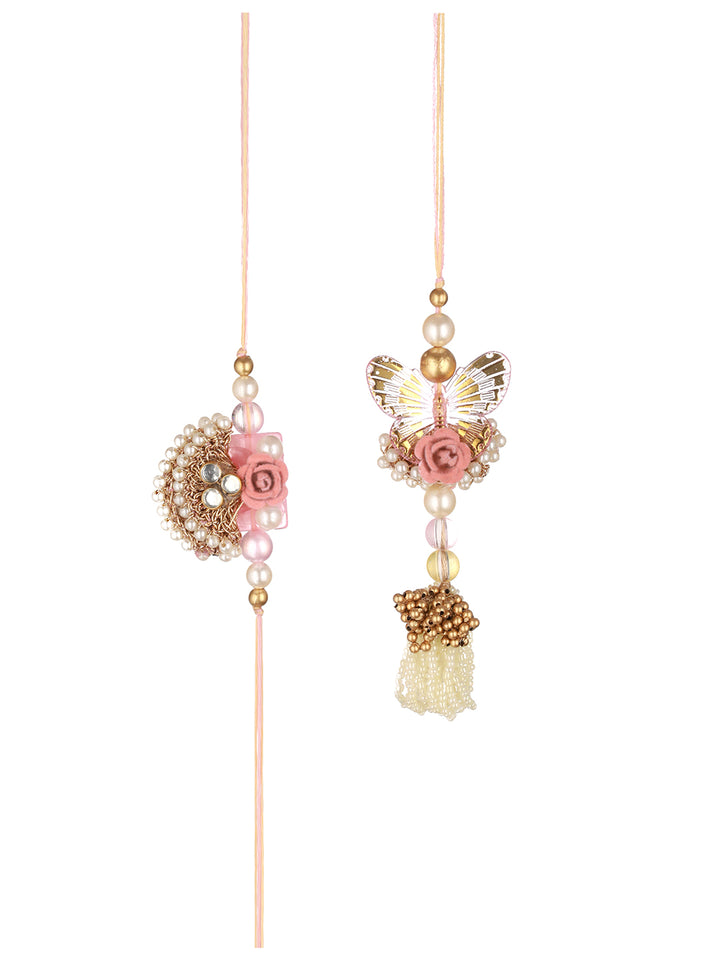 Priyaasi Golden Pink Floral Butterfly Rakhi & Lumba Set of 2