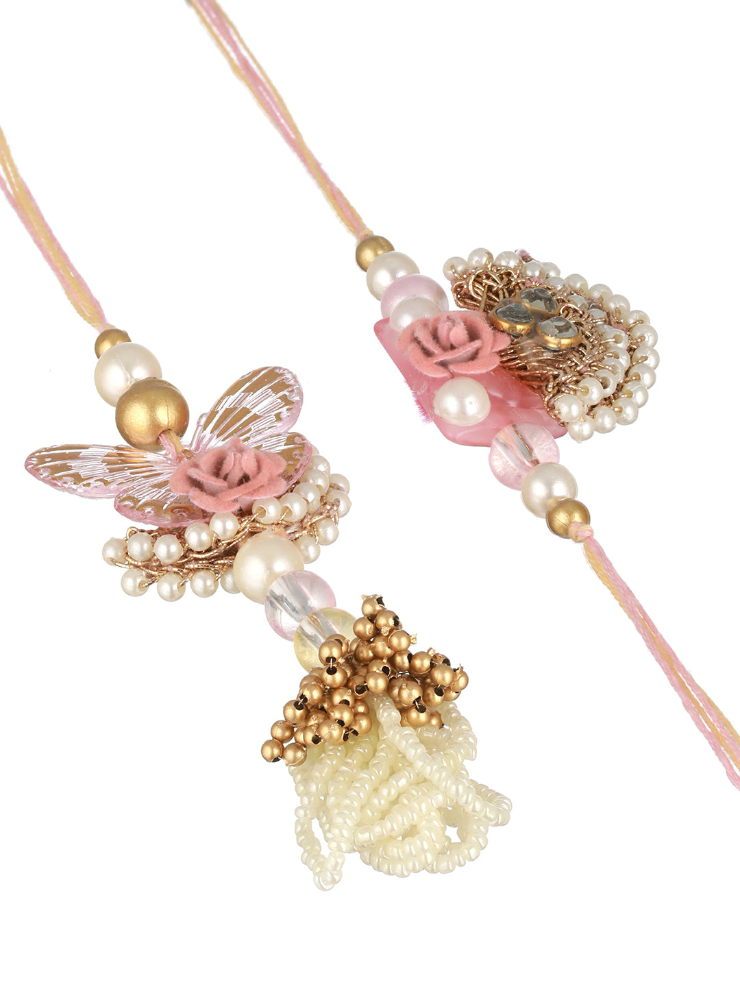 Priyaasi Golden Pink Floral Butterfly Rakhi & Lumba Set of 2