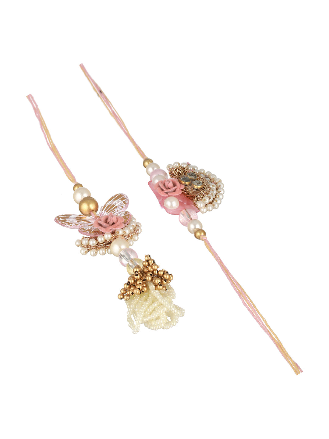 Priyaasi Golden Pink Floral Butterfly Rakhi & Lumba Set of 2