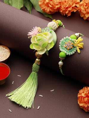 Priyaasi Green Tasselled Floral Rakhi & Lumba Set of 2