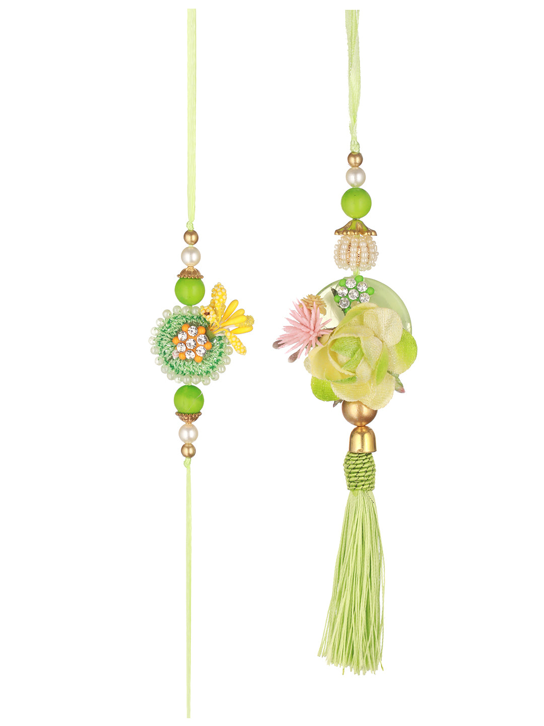 Priyaasi Green Tasselled Floral Rakhi & Lumba Set of 2