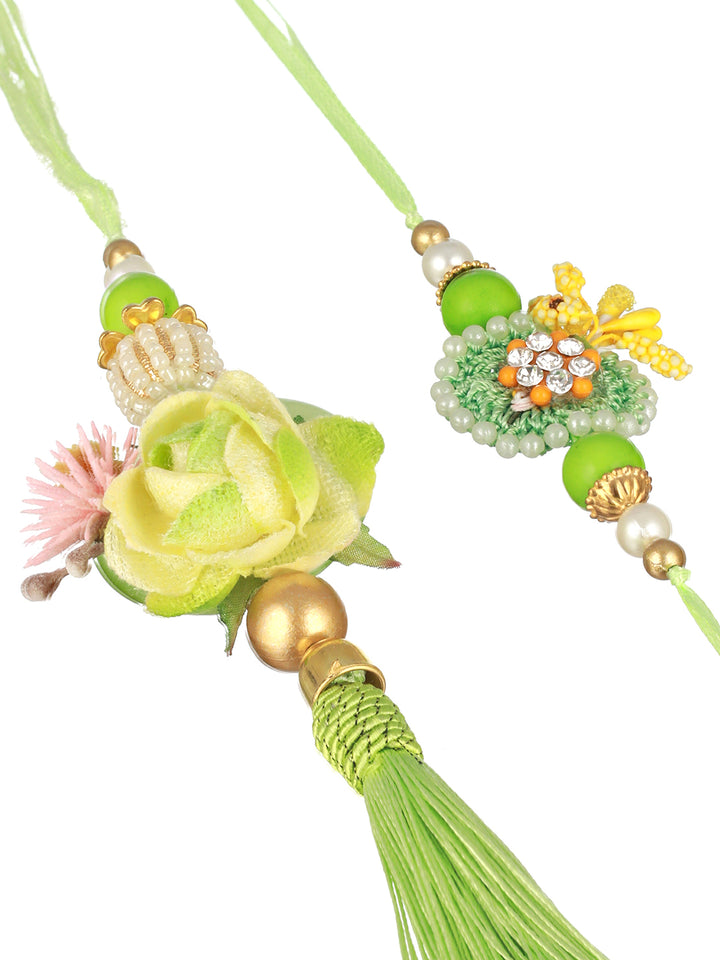 Priyaasi Green Tasselled Floral Rakhi & Lumba Set of 2