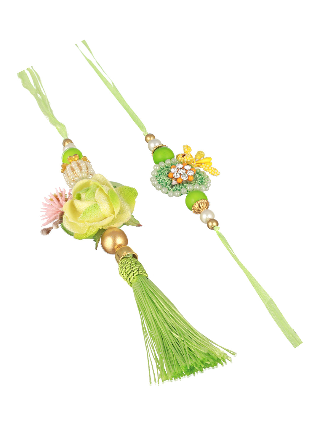 Priyaasi Green Tasselled Floral Rakhi & Lumba Set of 2