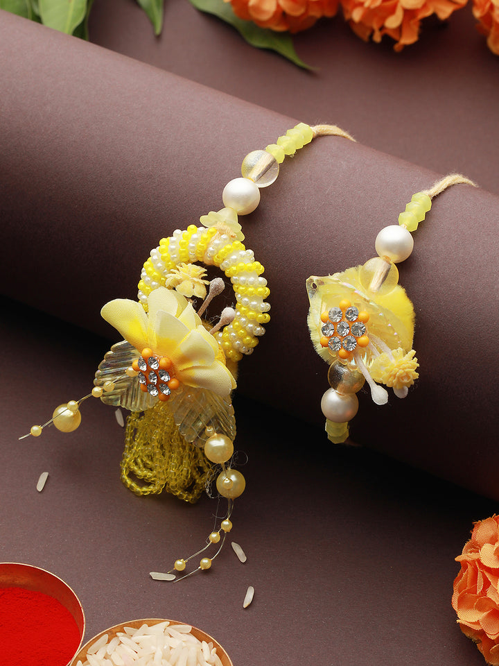 Priyaasi Yellow Floral Beaded Rakhi & Lumba Set of 2