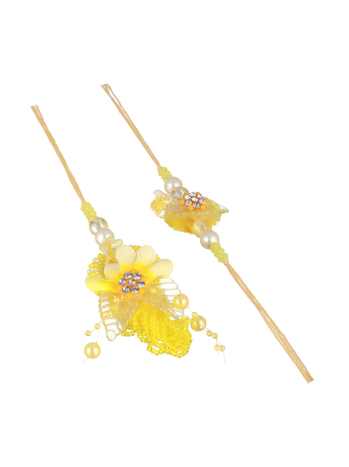 Priyaasi Yellow Floral Beaded Rakhi & Lumba Set of 2