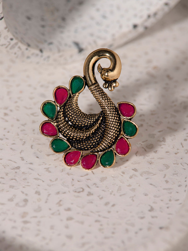 Priyaasi Coloured Stone Studded Gold Peacock Ring