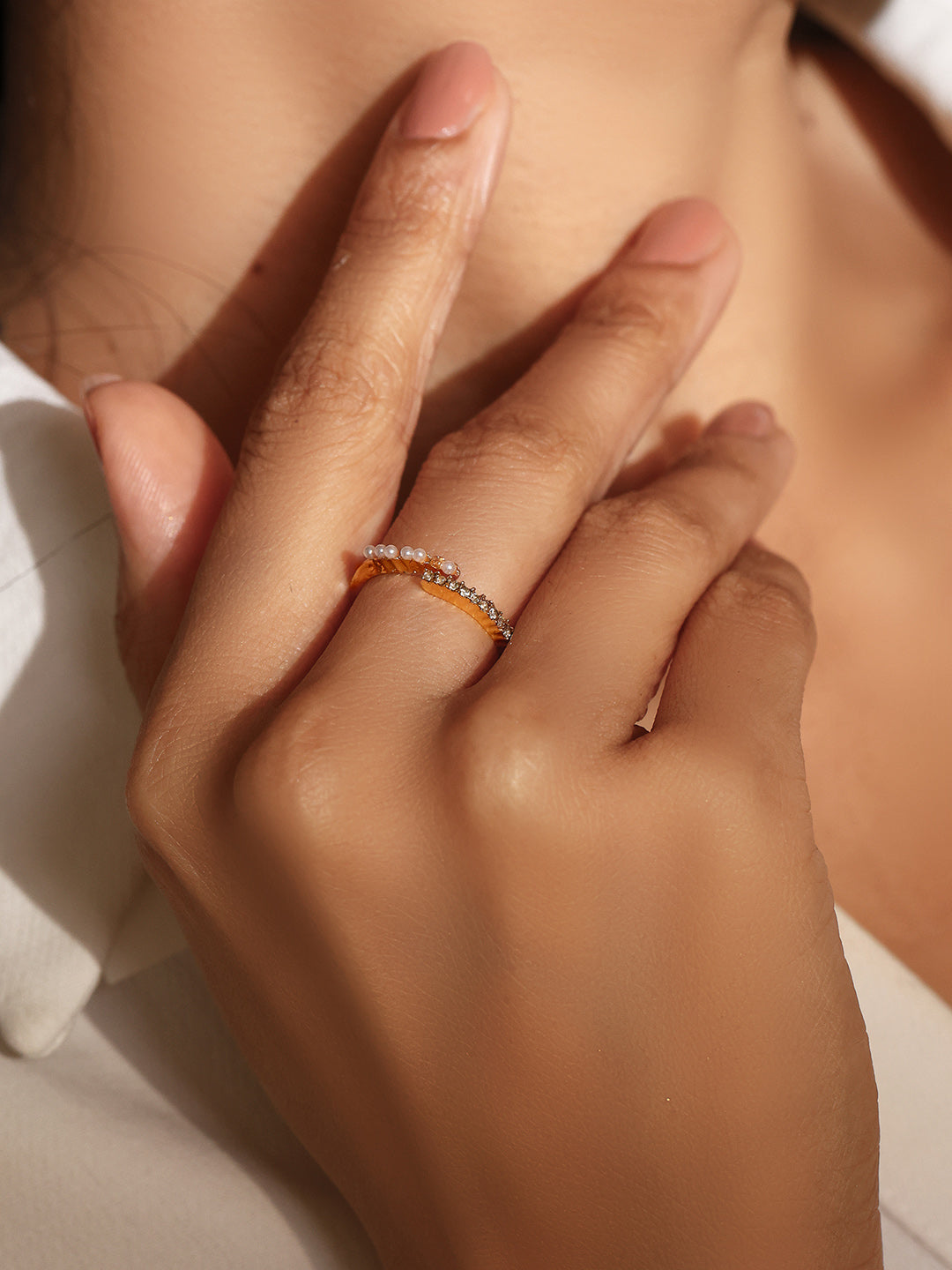 Priyaasi White Stone and Pearl Studded Adjustable Gold Plated Ring
