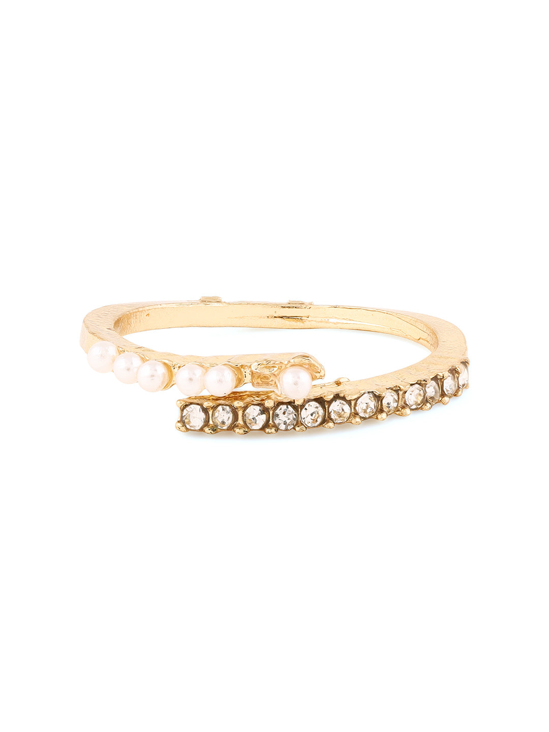 Priyaasi White Stone and Pearl Studded Adjustable Gold Plated Ring