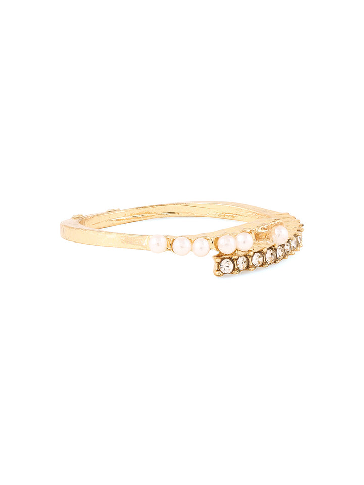 Priyaasi White Stone and Pearl Studded Adjustable Gold Plated Ring