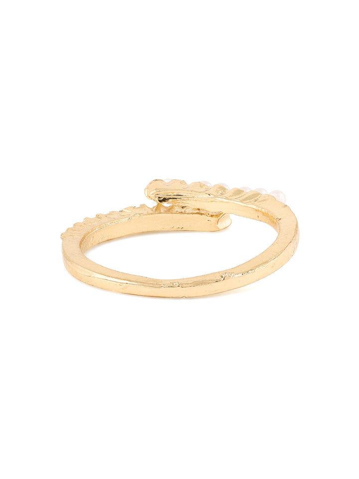 Priyaasi White Stone and Pearl Studded Adjustable Gold Plated Ring