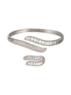 Prita by Priyaasi Wave AD Silver-Plated Cuff Bracelet & Ring Set