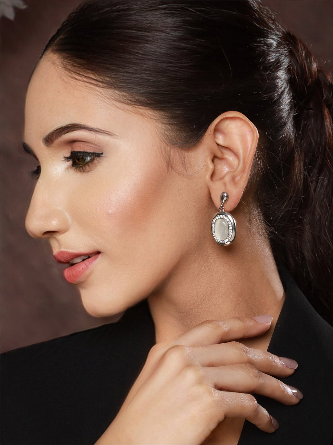 Prita by Priyaasi Oval Stone Studded AD Silver-Plated Drop Earrings