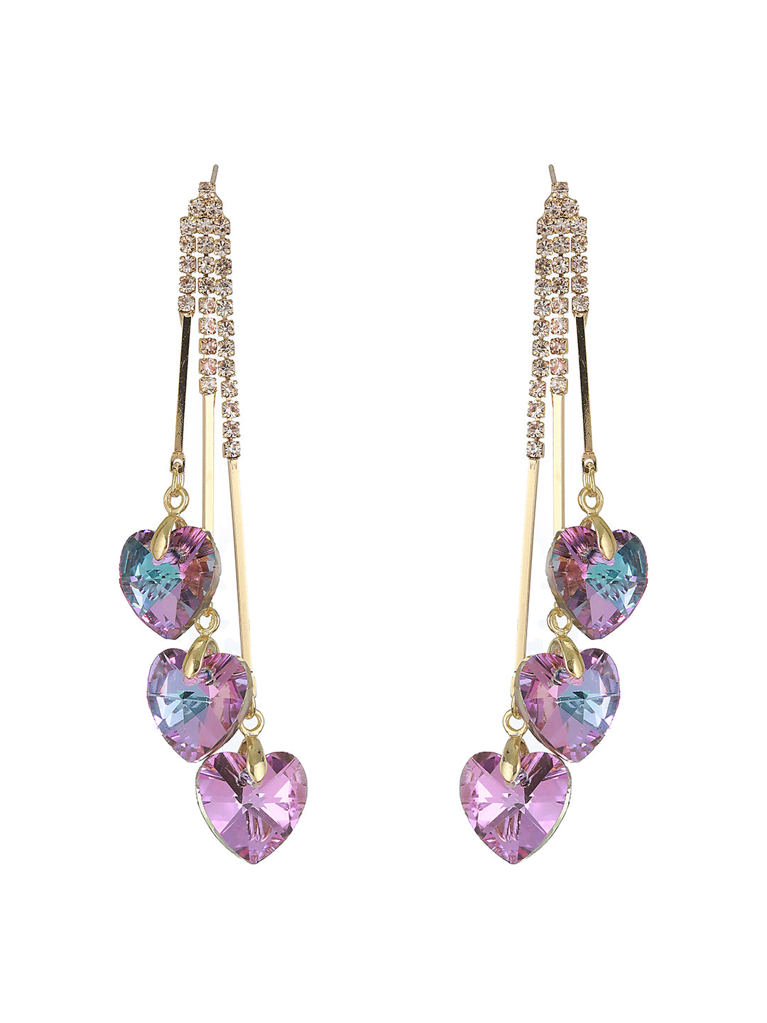 Prita by Priyaasi Purple Triple Heart Tassel Studded Gold-Plated Drop Earrings