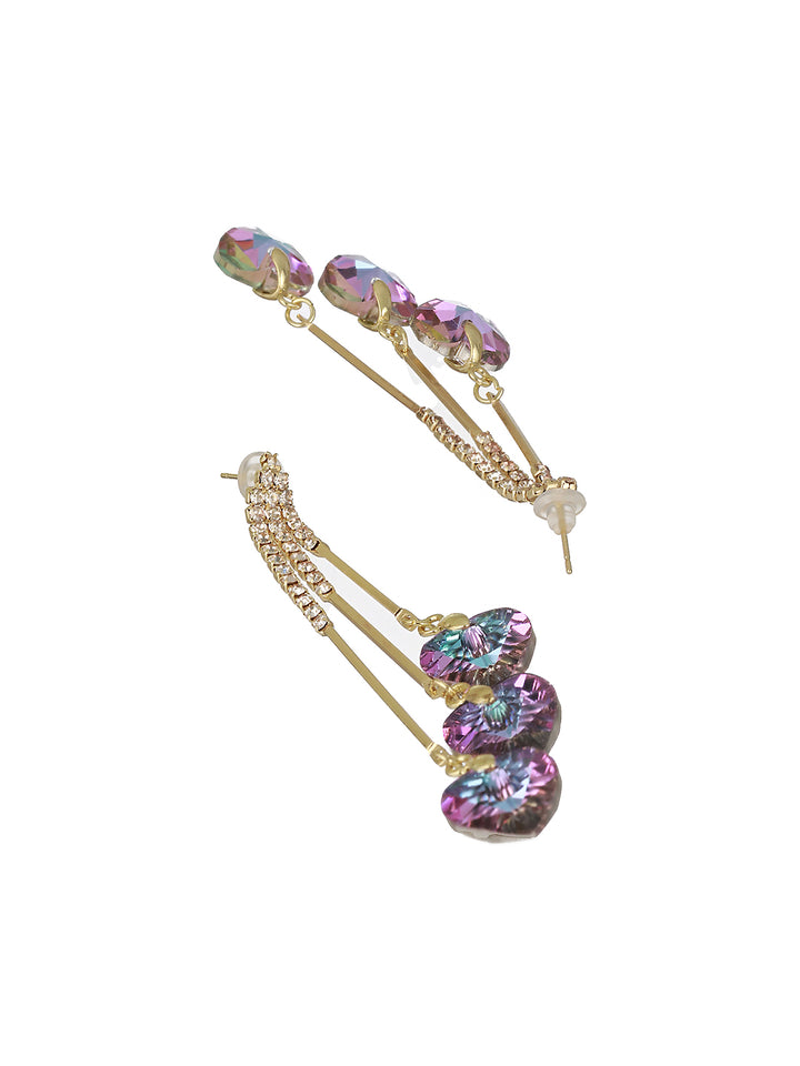 Prita by Priyaasi Purple Triple Heart Tassel Studded Gold-Plated Drop Earrings
