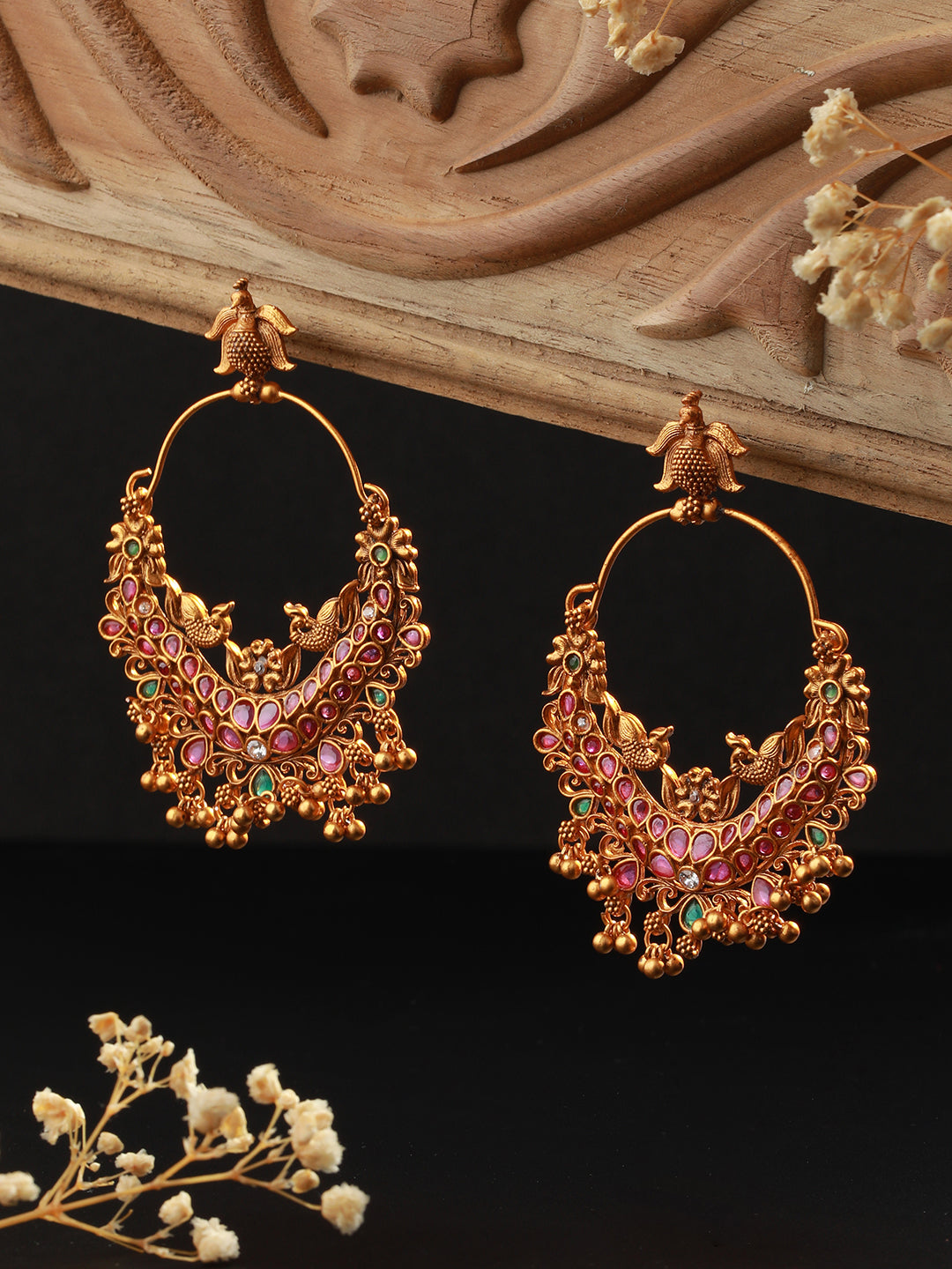 Peacock Pink & Green Stone Studded Beads Gold-Plated Drop Earrings