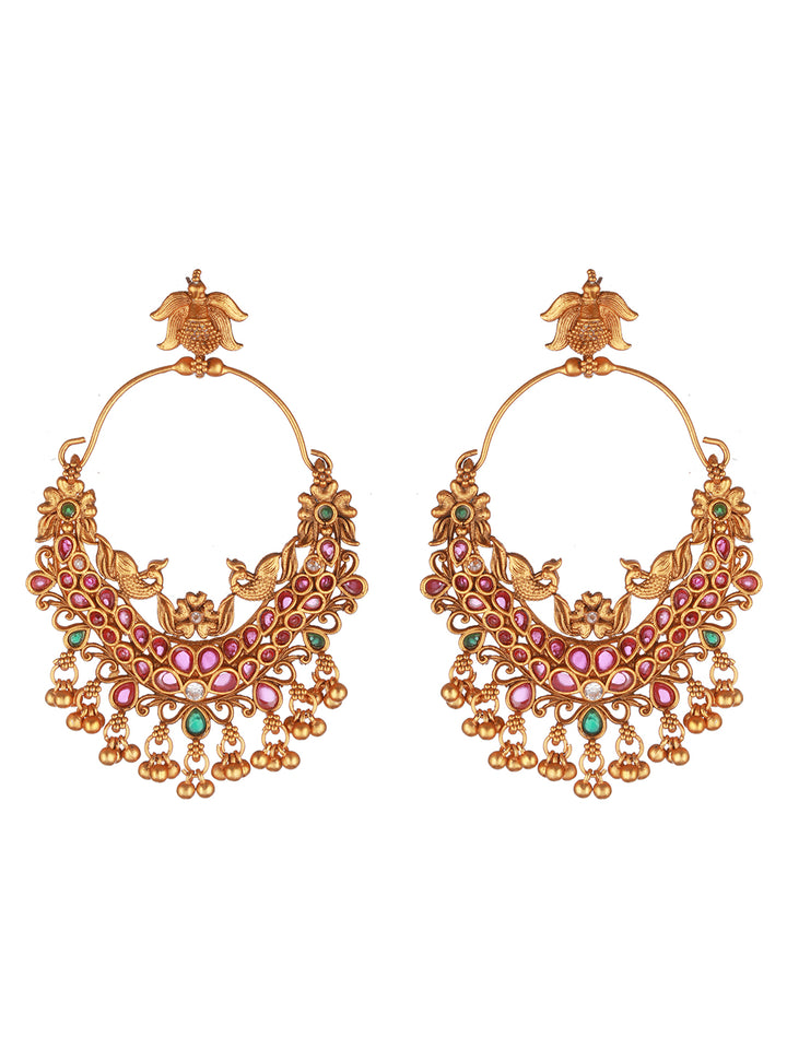 Peacock Pink & Green Stone Studded Beads Gold-Plated Drop Earrings