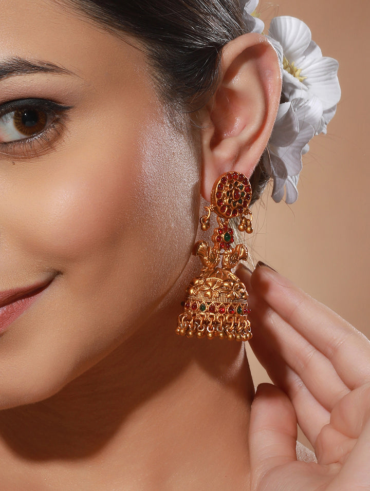 Peacock Floral Kemp Stone Studded Gold-Plated Jhumka Earrings
