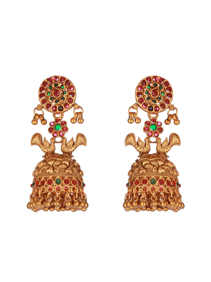 Peacock Floral Kemp Stone Studded Gold-Plated Jhumka Earrings